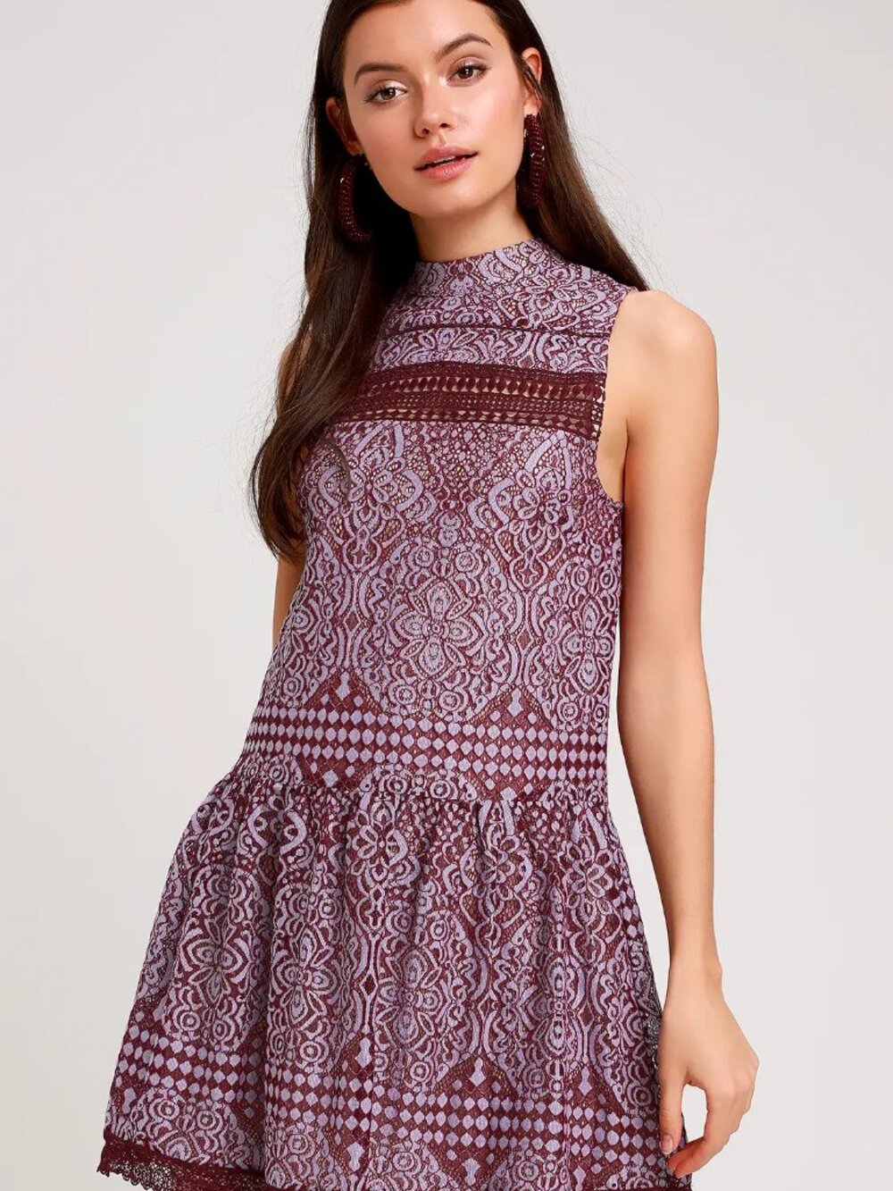 Lulu's Belrose Burgundy and Lavender Lace Mini Dress Sz S